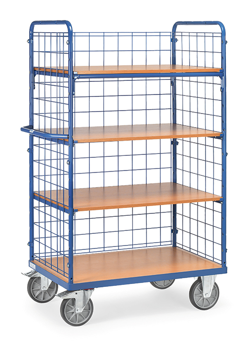 fetra® Shelved trolley with wire lattice and 1 longitudinal wall 8411-1